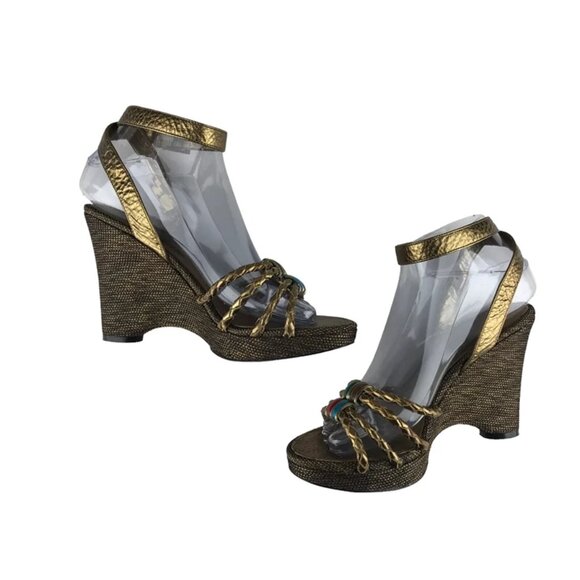 Enzo Angiolini Womens Gold Open Toe Adjustable Strap Wedge Slingback Sandal US 6 - Picture 7 of 10